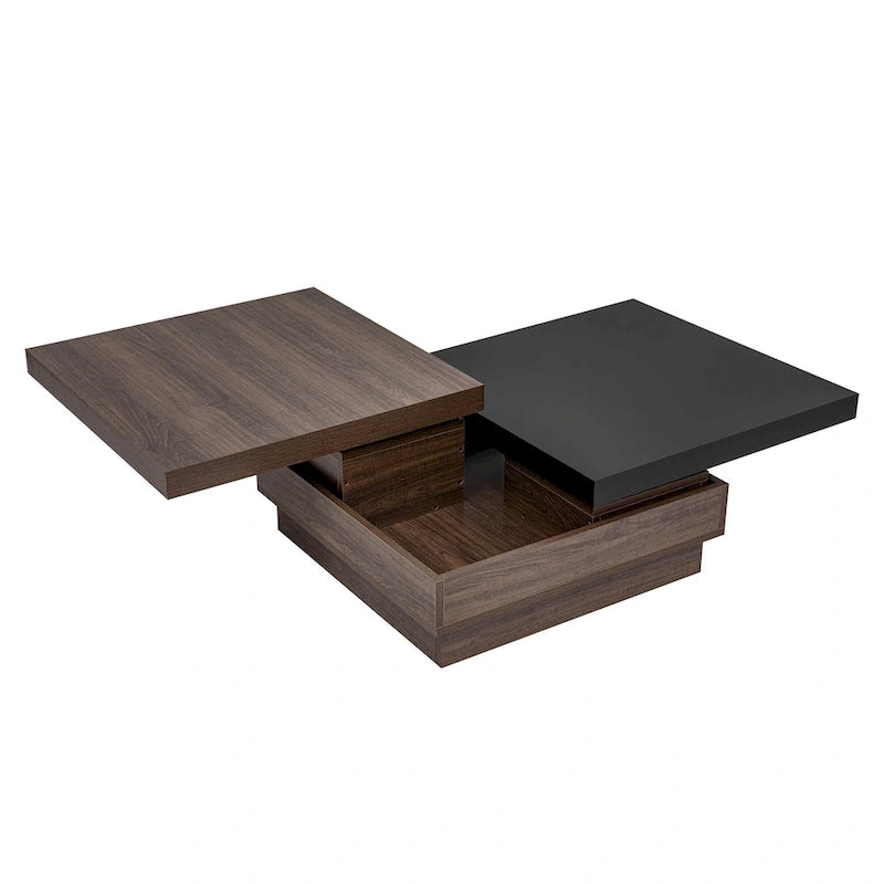 Modern 2 Tier Square Coffee Table Swivel Top Coffee Table with 1 Hidden Storage Space, for Living Room