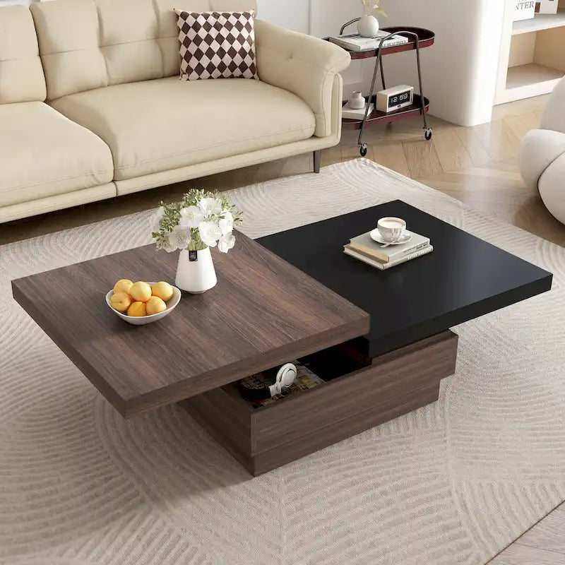 Modern 2 Tier Square Coffee Table Swivel Top Coffee Table with 1 Hidden Storage Space, for Living Room