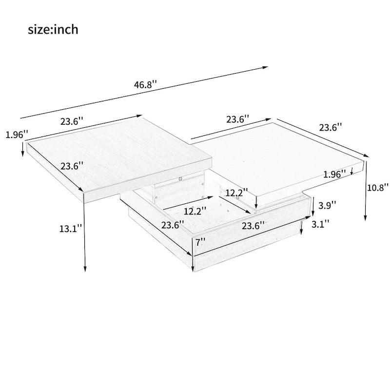 Modern 2 Tier Square Coffee Table Swivel Top Coffee Table with 1 Hidden Storage Space, for Living Room