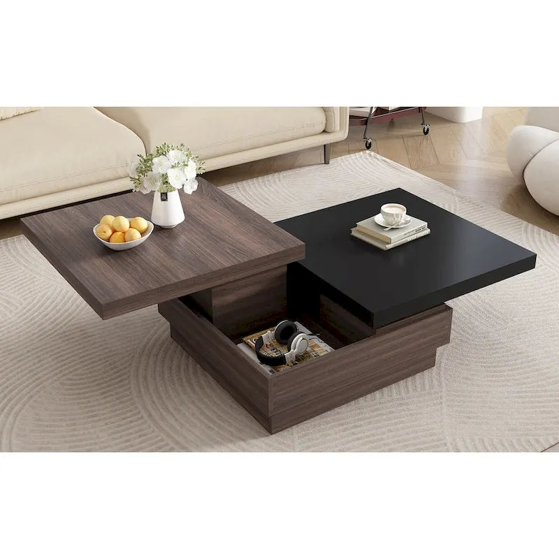Modern 2 Tier Square Coffee Table Swivel Top Coffee Table with 1 Hidden Storage Space, for Living Room