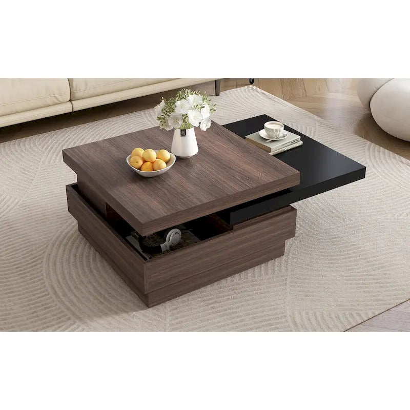 Modern 2 Tier Square Coffee Table Swivel Top Coffee Table with 1 Hidden Storage Space, for Living Room
