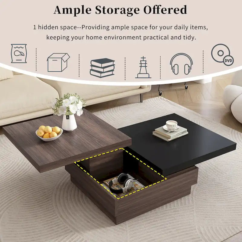 Modern 2 Tier Square Coffee Table Swivel Top Coffee Table with 1 Hidden Storage Space, for Living Room