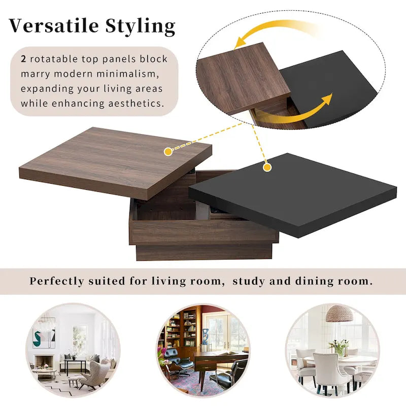 Modern 2 Tier Square Coffee Table Swivel Top Coffee Table with 1 Hidden Storage Space, for Living Room