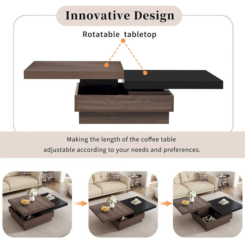 Modern 2 Tier Square Coffee Table Swivel Top Coffee Table with 1 Hidden Storage Space, for Living Room