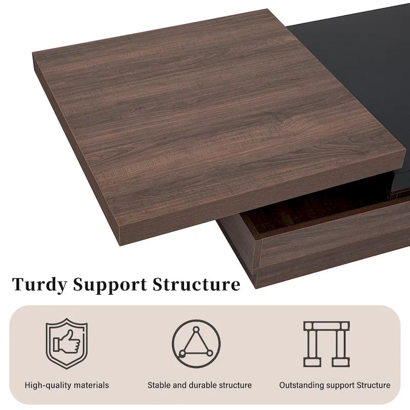 Modern 2 Tier Square Coffee Table Swivel Top Coffee Table with 1 Hidden Storage Space, for Living Room