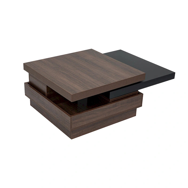 Modern 2 Tier Square Coffee Table Swivel Top Coffee Table with 1 Hidden Storage Space, for Living Room