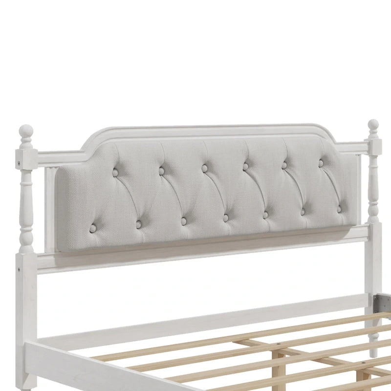 Queen Size Wood Platform Bed Frame with Tufted Headboard with Elegant Handcrafted Design, Sturdy Wooden Slats