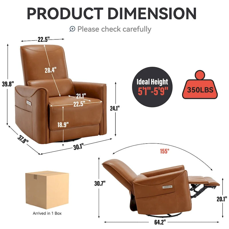 Brown Ergonomic Power Recliner with Swivel, Rocking, and USB Ports