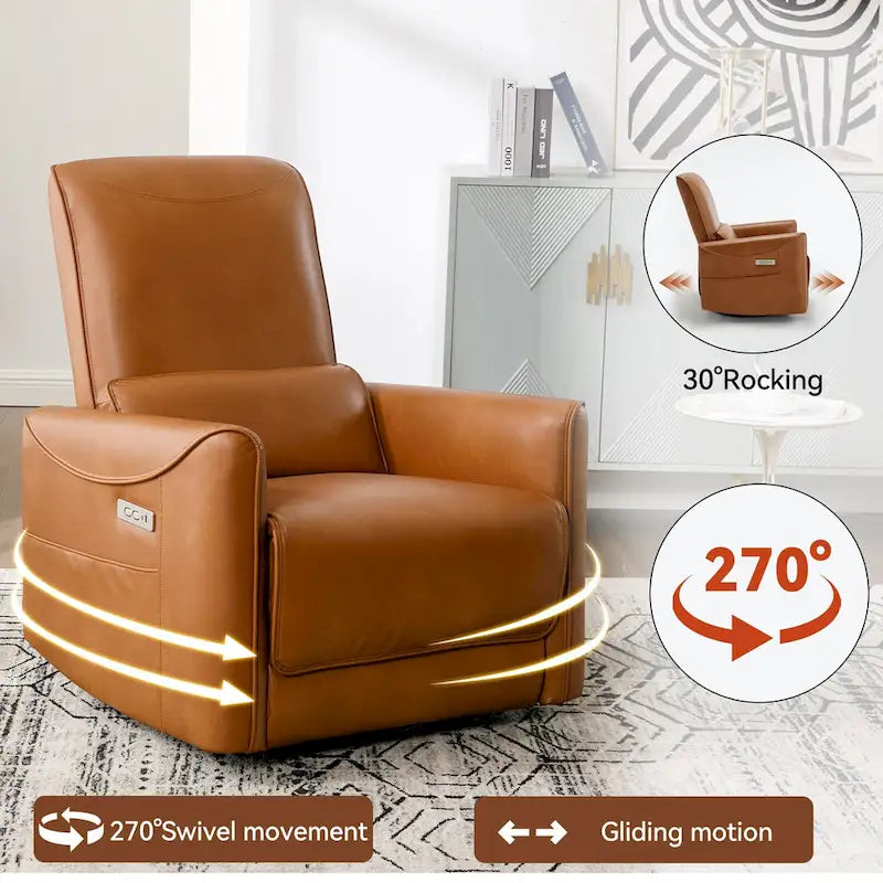 Brown Ergonomic Power Recliner with Swivel, Rocking, and USB Ports