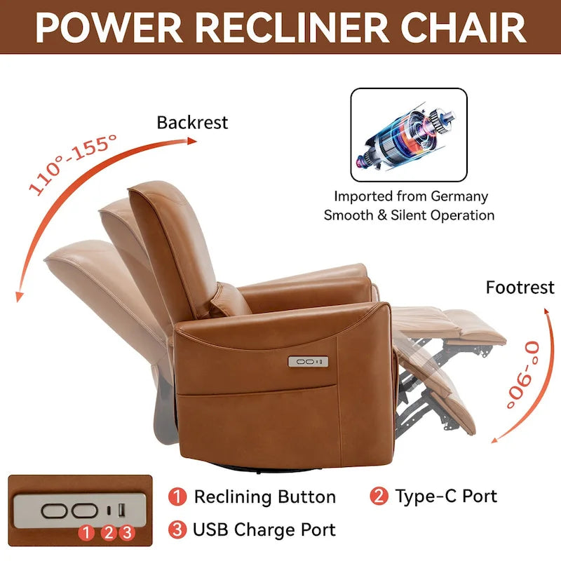 Brown Ergonomic Power Recliner with Swivel, Rocking, and USB Ports