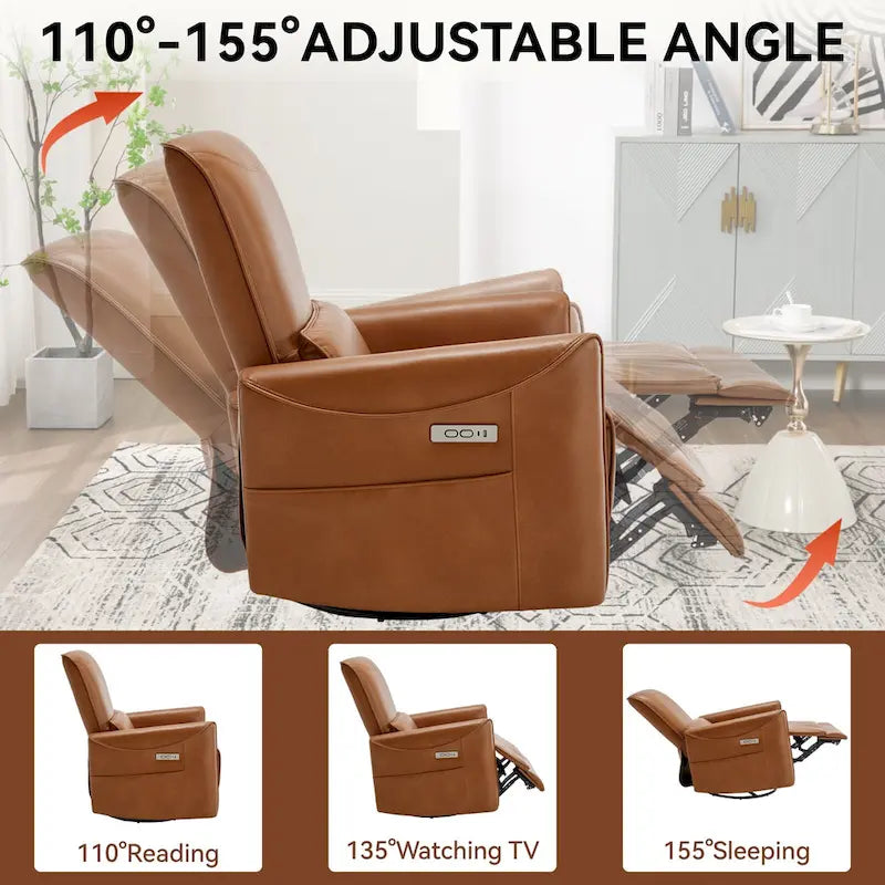 Brown Ergonomic Power Recliner with Swivel, Rocking, and USB Ports