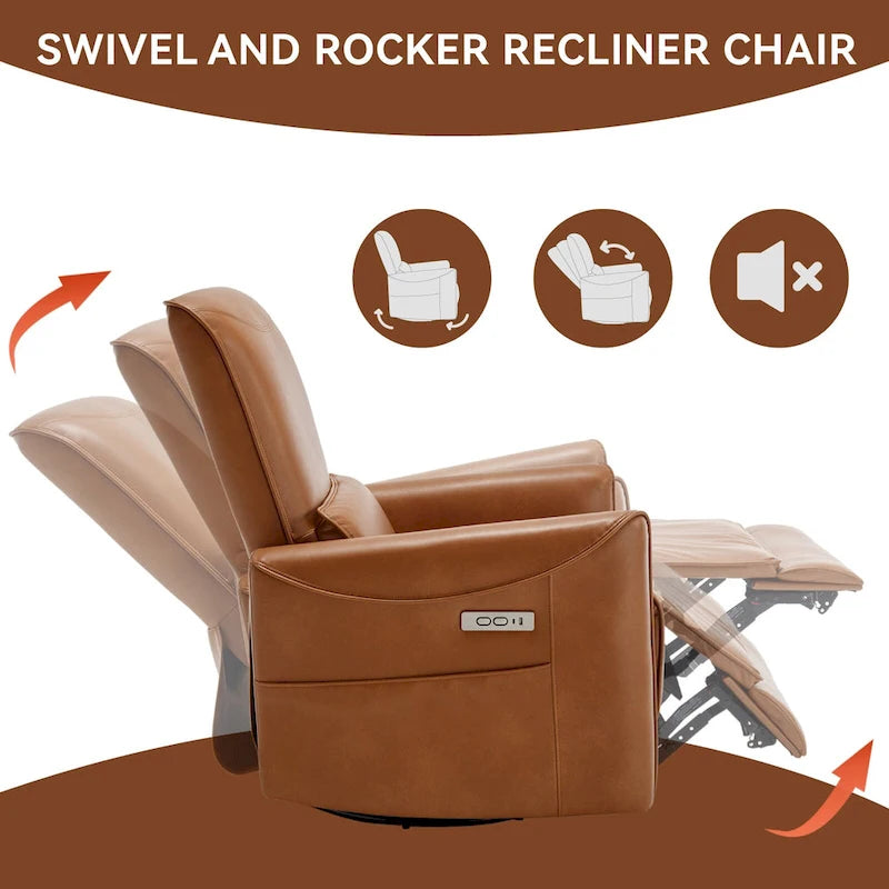 Brown Ergonomic Power Recliner with Swivel, Rocking, and USB Ports