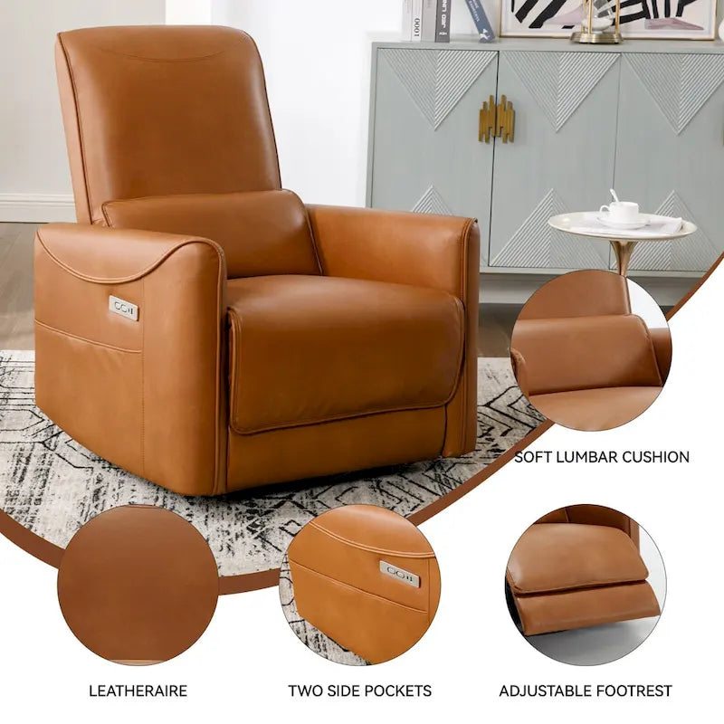 Brown Ergonomic Power Recliner with Swivel, Rocking, and USB Ports