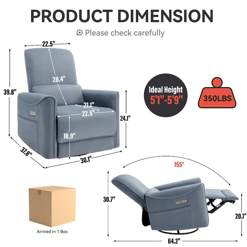 Brown Ergonomic Power Recliner with Swivel, Rocking, and USB Ports