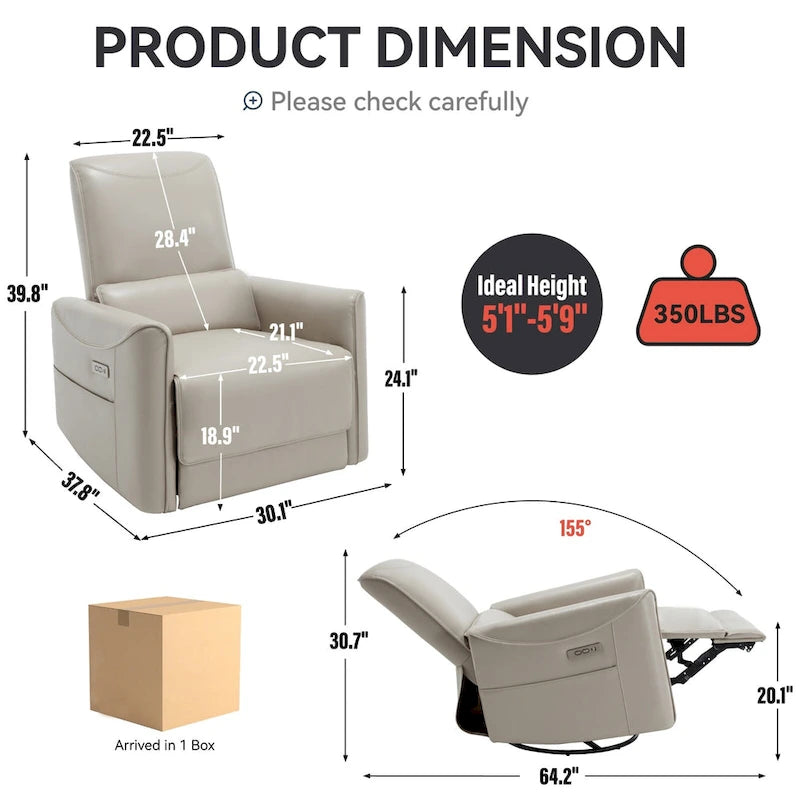 Brown Ergonomic Power Recliner with Swivel, Rocking, and USB Ports
