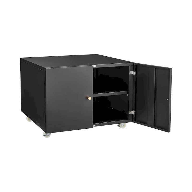 Black cabinet with 2 door and a sturdy steel printer stand