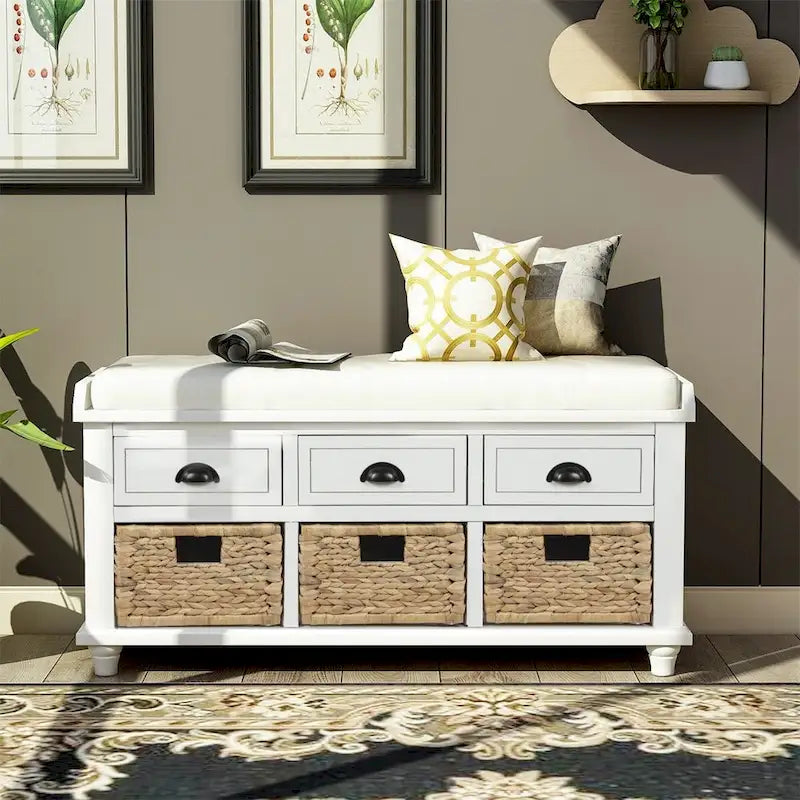 Harper & Bright Designs 3-Drawer Storage Bench with 3 Rattan Baskets