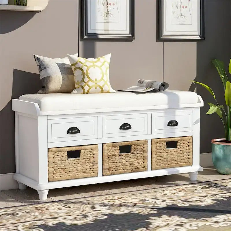 Harper & Bright Designs 3-Drawer Storage Bench with 3 Rattan Baskets