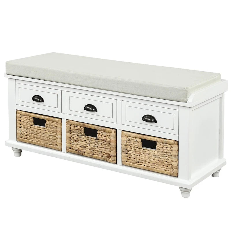 Harper & Bright Designs 3-Drawer Storage Bench with 3 Rattan Baskets