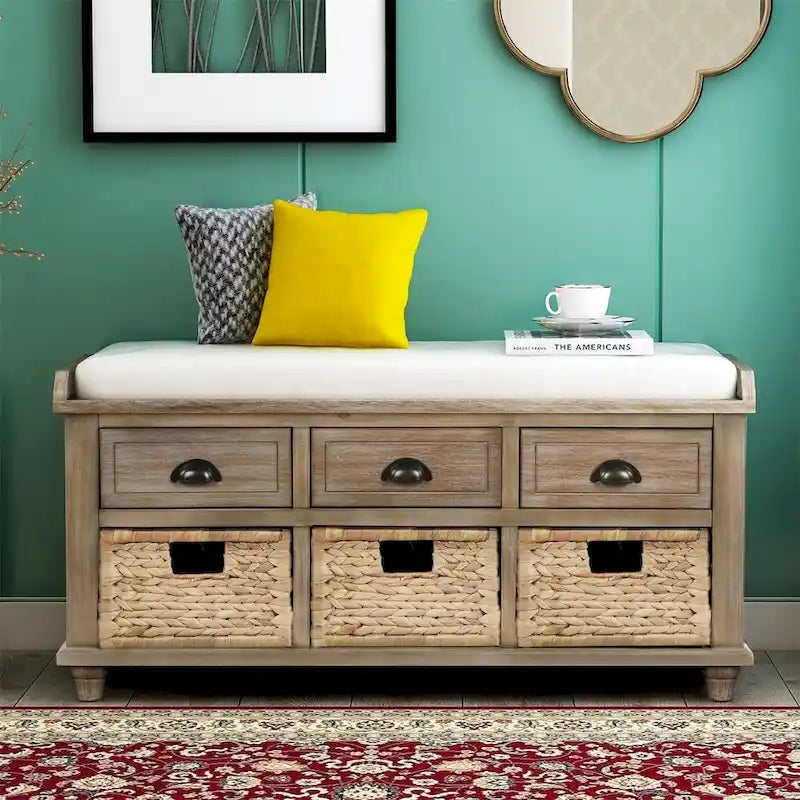 Harper & Bright Designs 3-Drawer Storage Bench with 3 Rattan Baskets