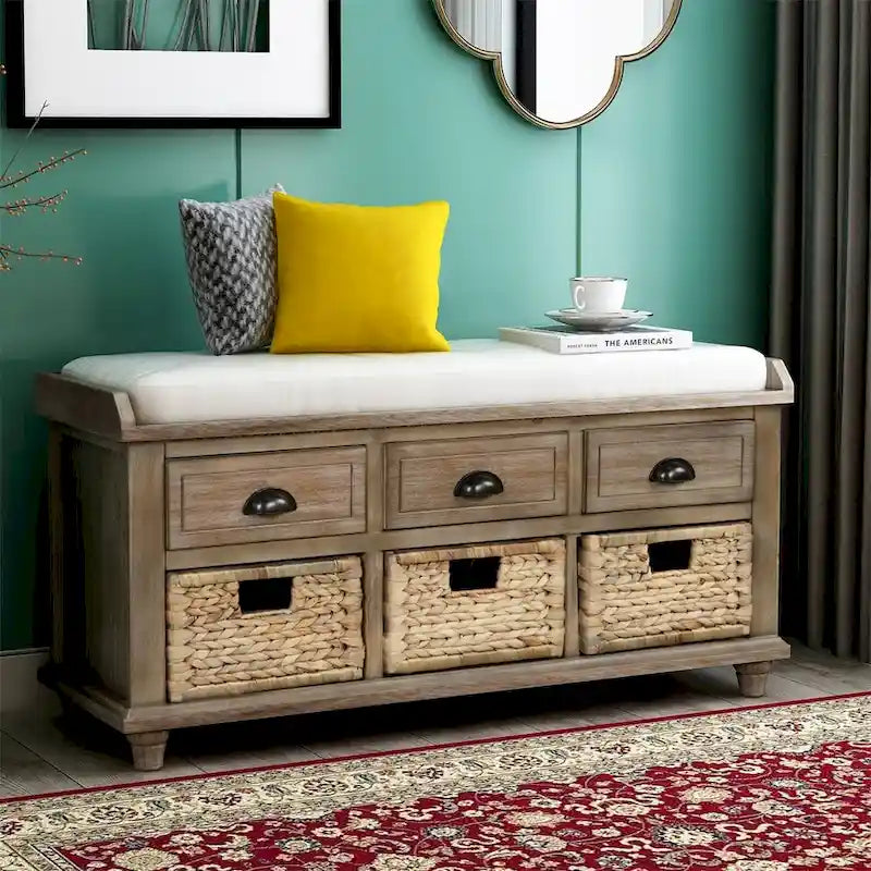 Harper & Bright Designs 3-Drawer Storage Bench with 3 Rattan Baskets