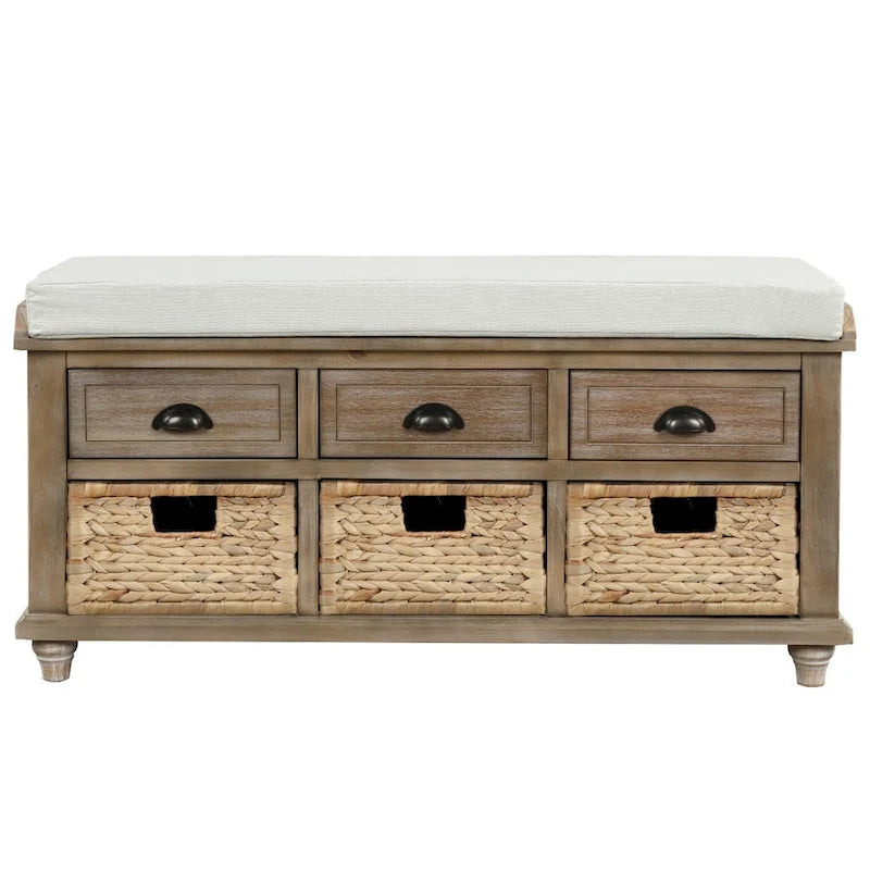 Harper & Bright Designs 3-Drawer Storage Bench with 3 Rattan Baskets