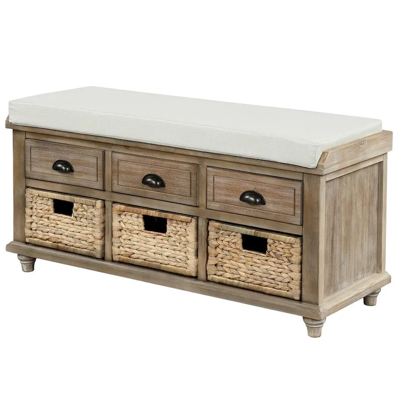 Harper & Bright Designs 3-Drawer Storage Bench with 3 Rattan Baskets