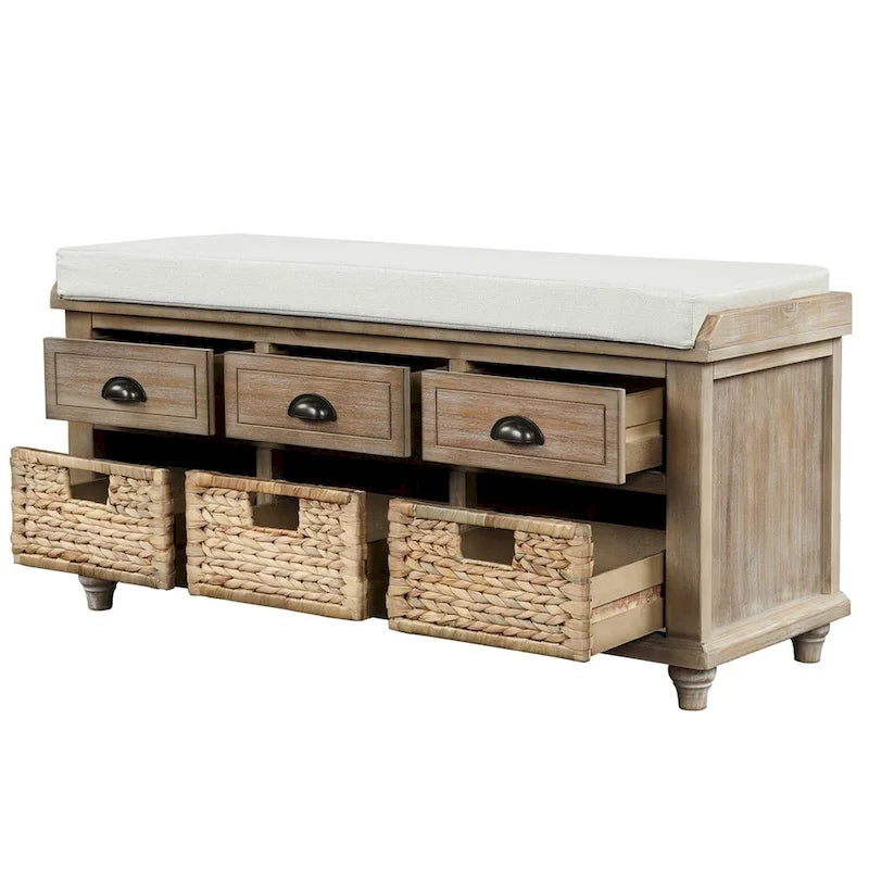 Harper & Bright Designs 3-Drawer Storage Bench with 3 Rattan Baskets