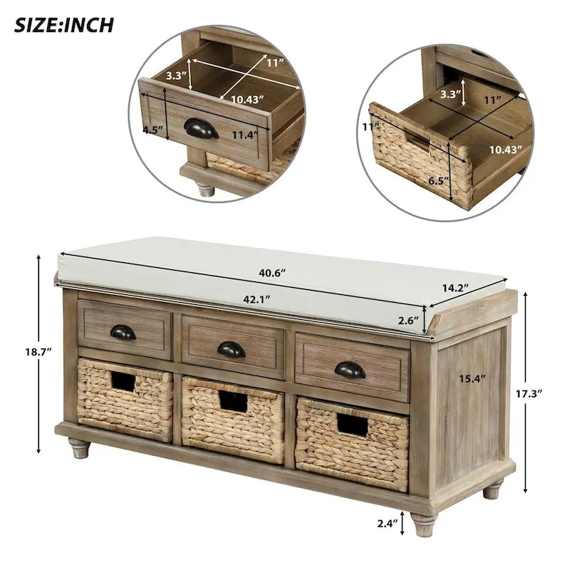 Harper & Bright Designs 3-Drawer Storage Bench with 3 Rattan Baskets