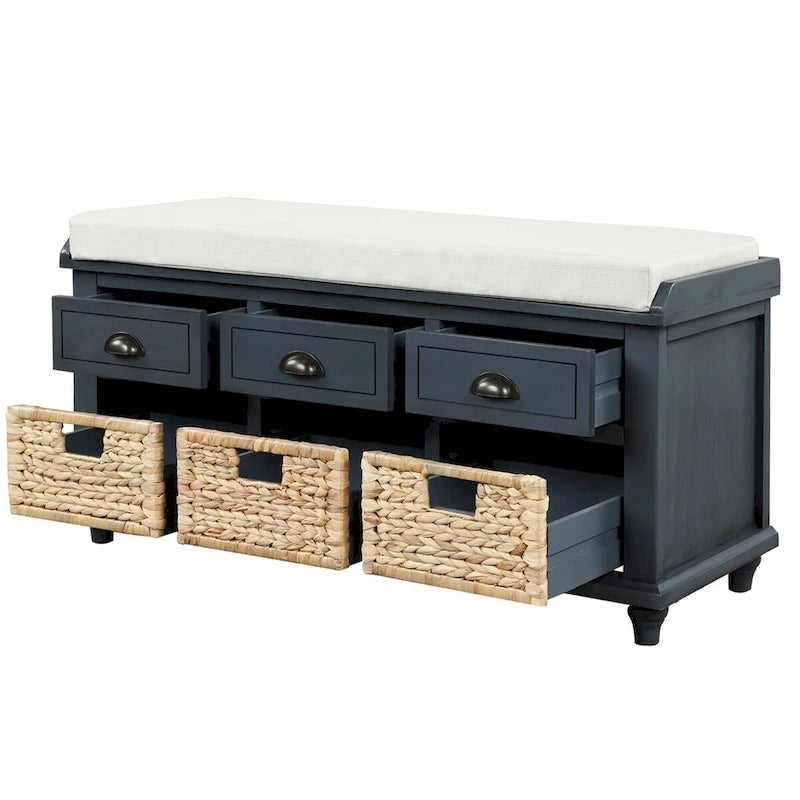 Harper & Bright Designs 3-Drawer Storage Bench with 3 Rattan Baskets