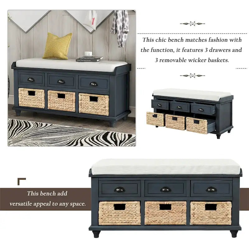 Harper & Bright Designs 3-Drawer Storage Bench with 3 Rattan Baskets