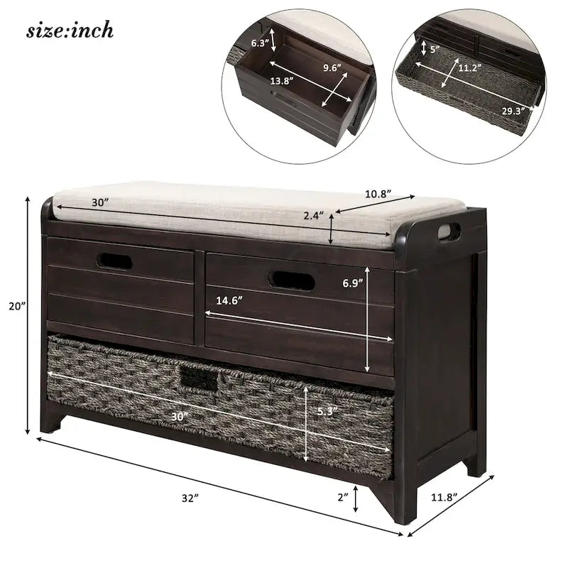 Storage Bench with Removable Basket and 2 Drawers