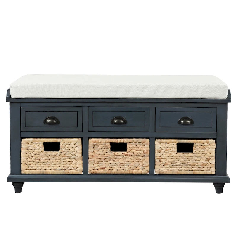 Rustic Storage Bench with 3 Drawers and 3 Rattan Baskets