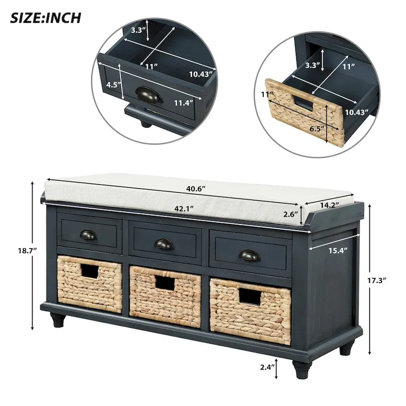 Rustic Storage Bench with 3 Drawers and 3 Rattan Baskets