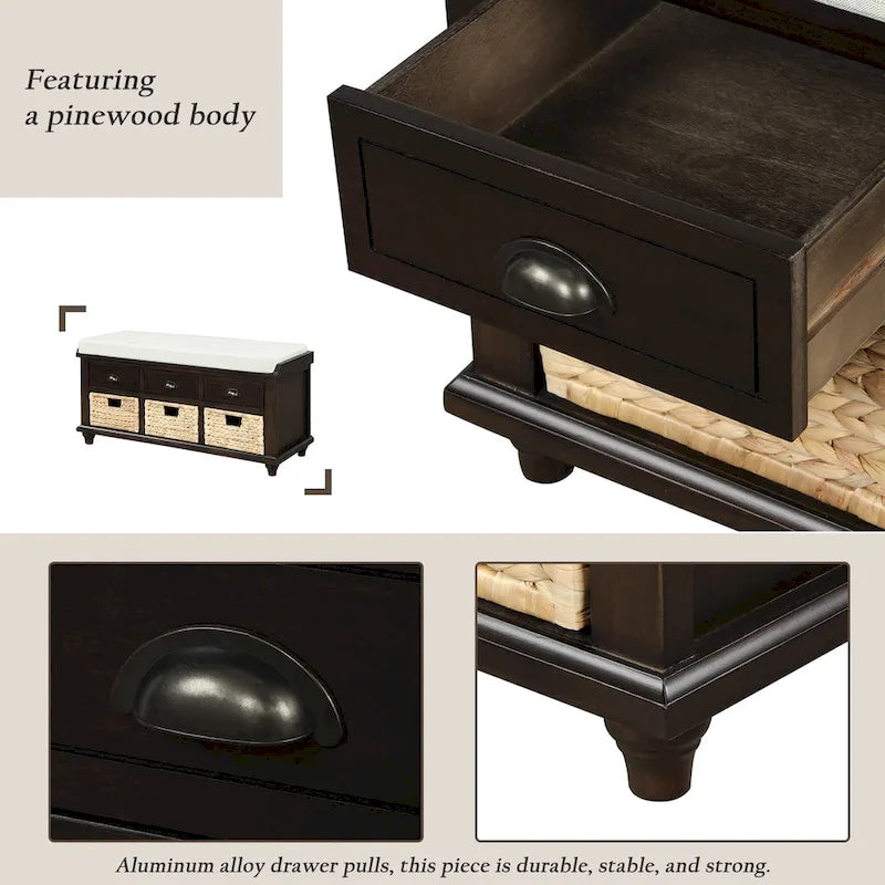 Rustic Storage Bench with 3 Drawers and 3 Rattan Baskets