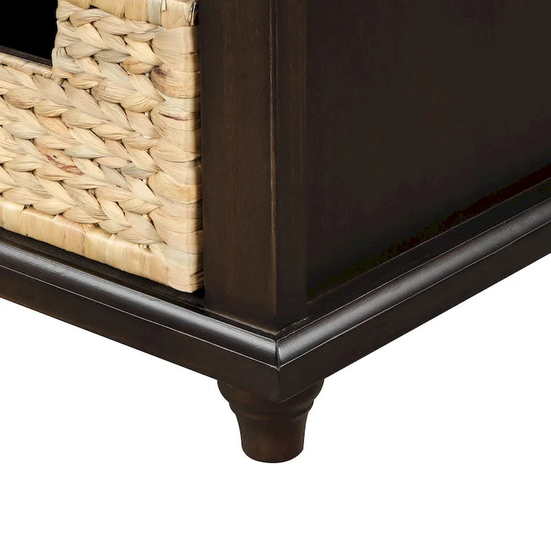 Rustic Storage Bench with 3 Drawers and 3 Rattan Baskets