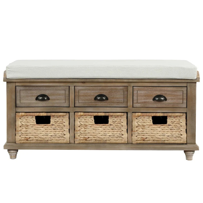 Rustic Storage Bench with 3 Drawers and 3 Rattan Baskets