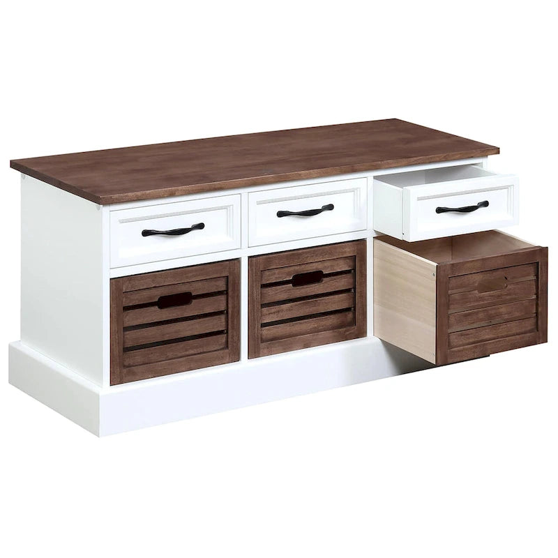 Two Toned Brown/ White Storage Bench with Drawers and Wooden Baskets