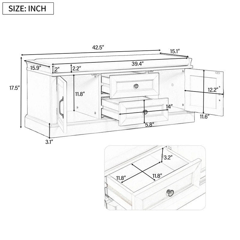 Shoe stool, 2 drawers, 2, removable pads, living room locker, entrance