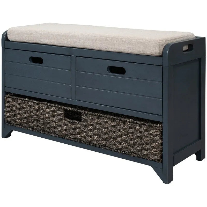 Grondin Retro Framhouse Style Entry Storage Shoe Bench with Padded Cushion, 2 Drawers and Removable Basket