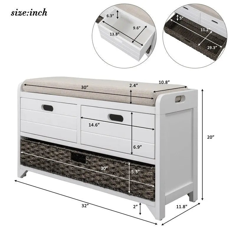 Grondin Retro Framhouse Style Entry Storage Shoe Bench with Padded Cushion, 2 Drawers and Removable Basket