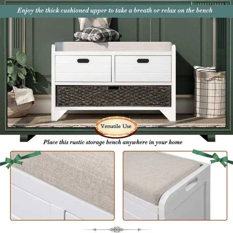 Grondin Retro Framhouse Style Entry Storage Shoe Bench with Padded Cushion, 2 Drawers and Removable Basket