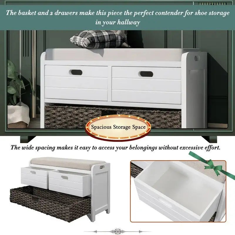 Grondin Retro Framhouse Style Entry Storage Shoe Bench with Padded Cushion, 2 Drawers and Removable Basket