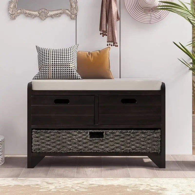 Grondin Retro Framhouse Style Entry Storage Shoe Bench with Padded Cushion, 2 Drawers and Removable Basket
