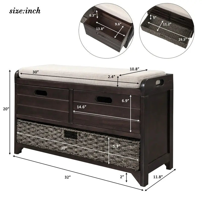 Grondin Retro Framhouse Style Entry Storage Shoe Bench with Padded Cushion, 2 Drawers and Removable Basket