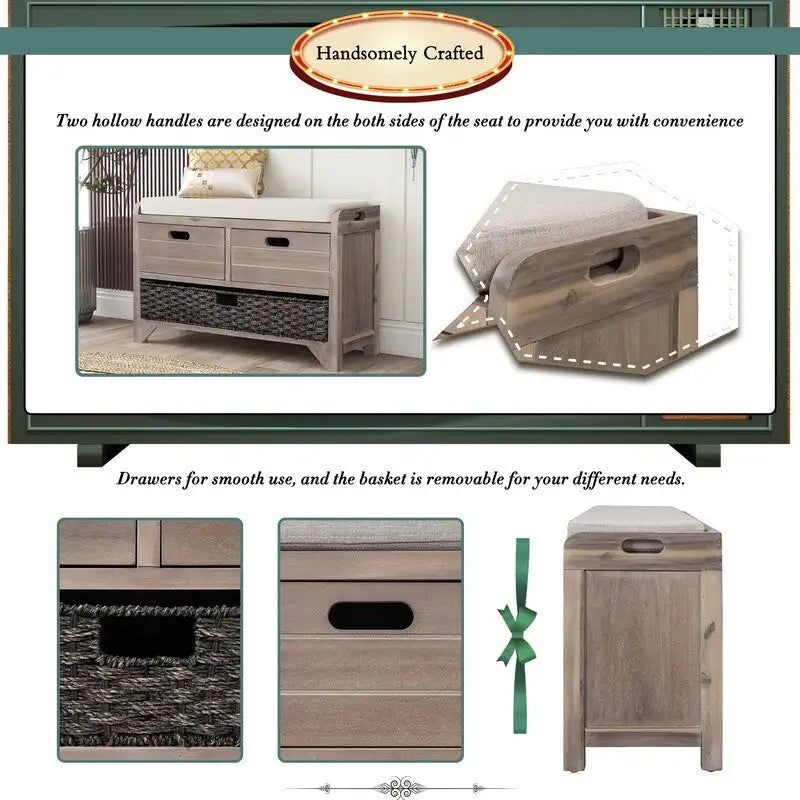 Grondin Retro Framhouse Style Entry Storage Shoe Bench with Padded Cushion, 2 Drawers and Removable Basket
