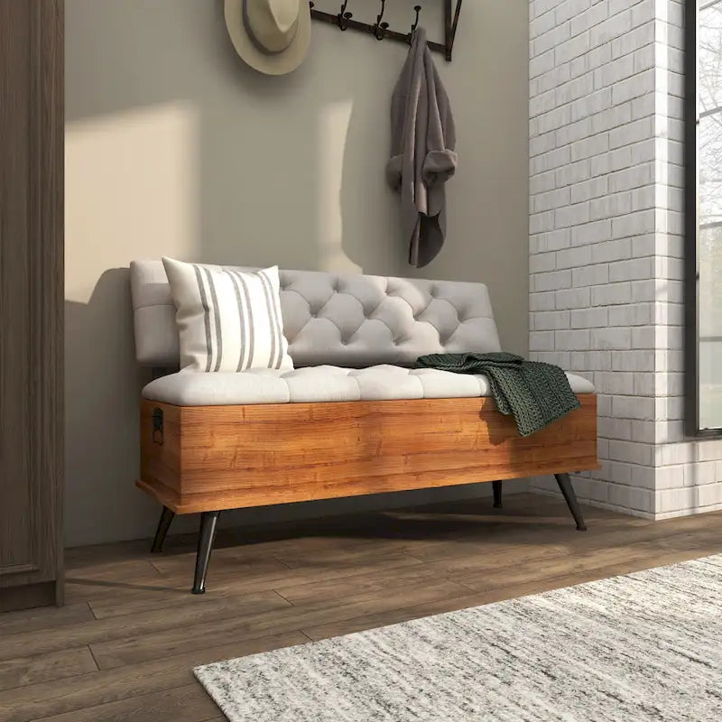 Wood Storage Bench with Cream Tufted Seat and Back - White - Roche River Decor - 20Wx48Lx30H