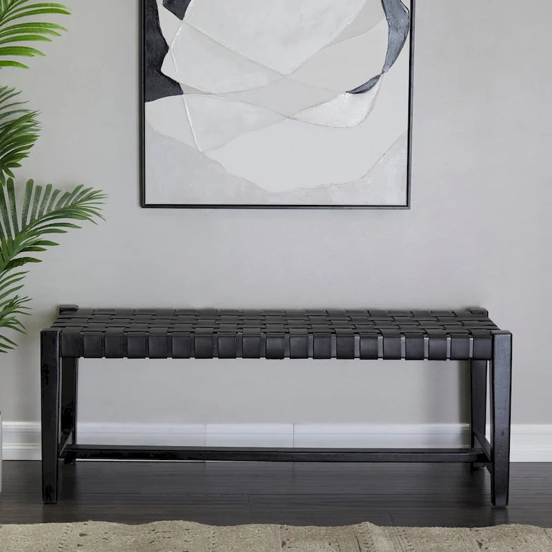 Leather Handmade Woven Seat Bench - Black - Roche River Decor - 18Wx47Lx17H