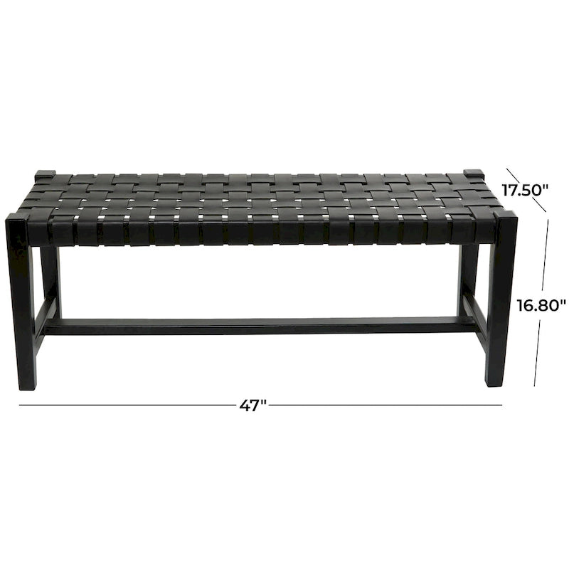 Leather Handmade Woven Seat Bench - Black - Roche River Decor - 18Wx47Lx17H