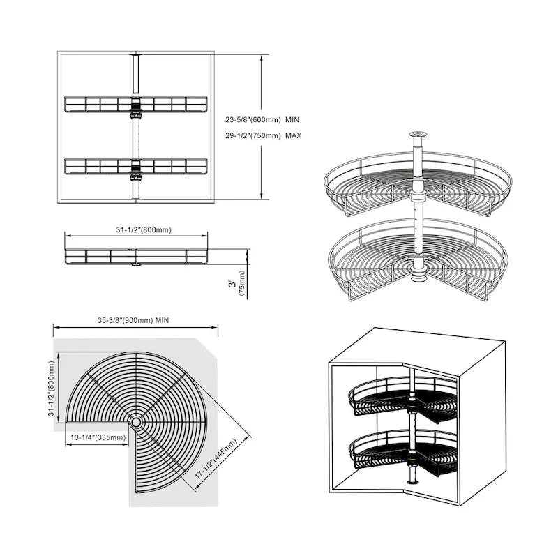 Dowell Lazy Susan 32 Diameter - 270 Degree Double Rack Stainless Steel